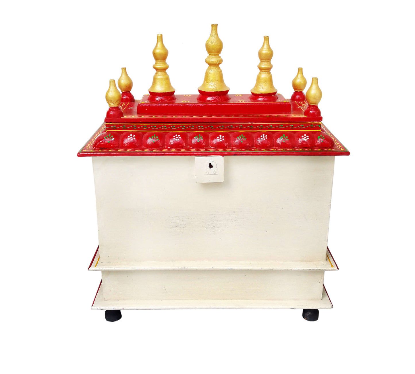 Wooden Pooja Mandir with 2 Trays- Red & Gold Altar