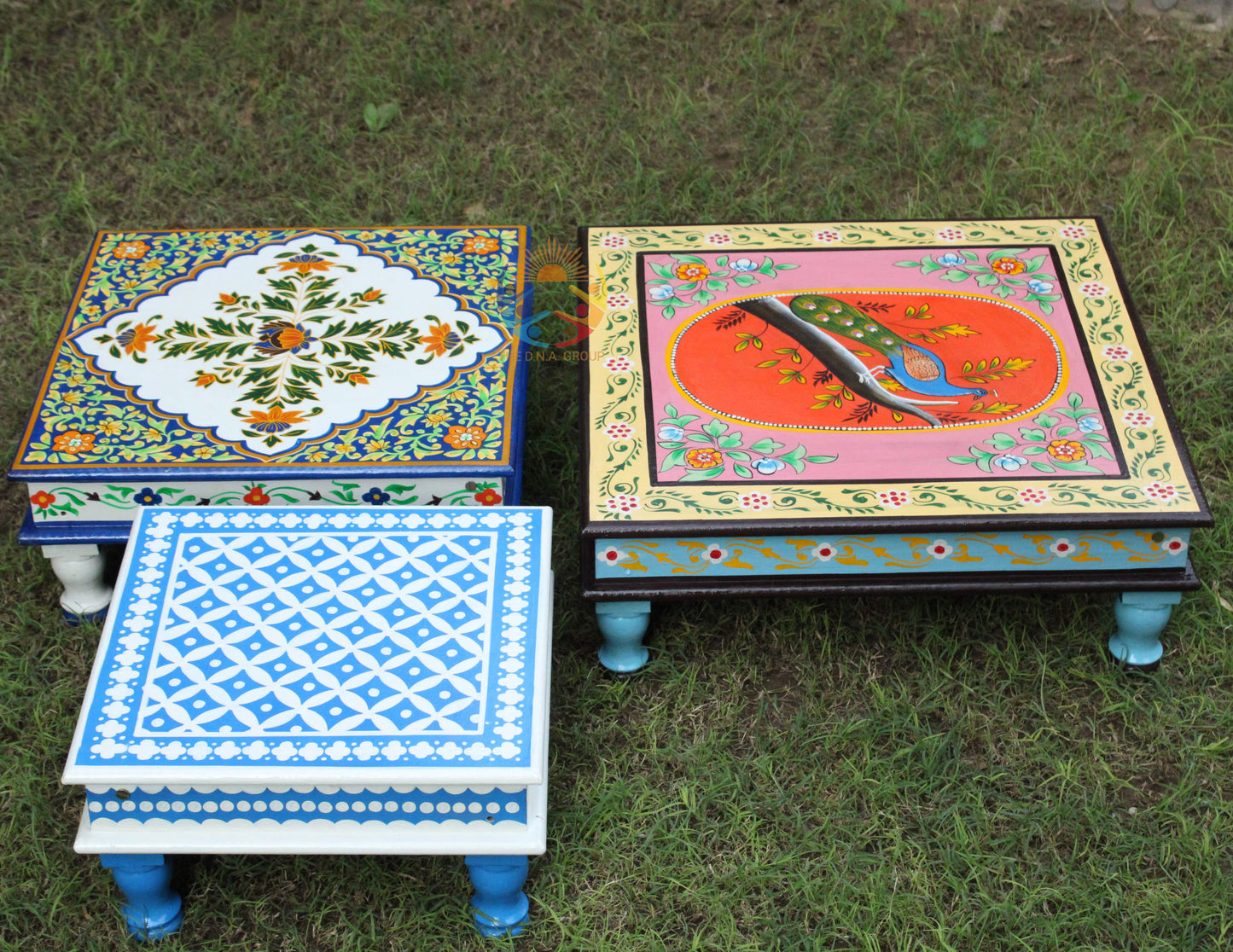 Indian Wooden Hand Painted Chowki / Bajot Set of 3