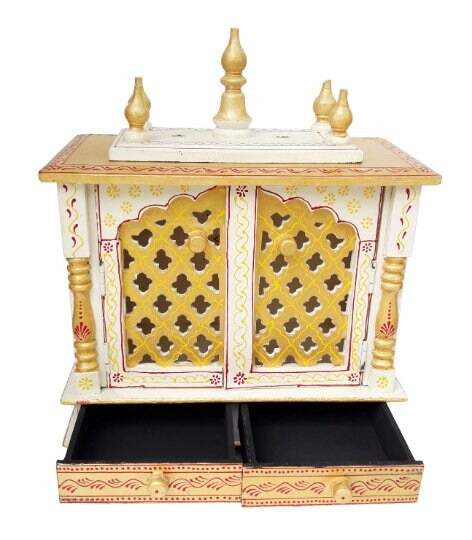 Wooden Temple Mandir Hindu Handcrafted White Golden