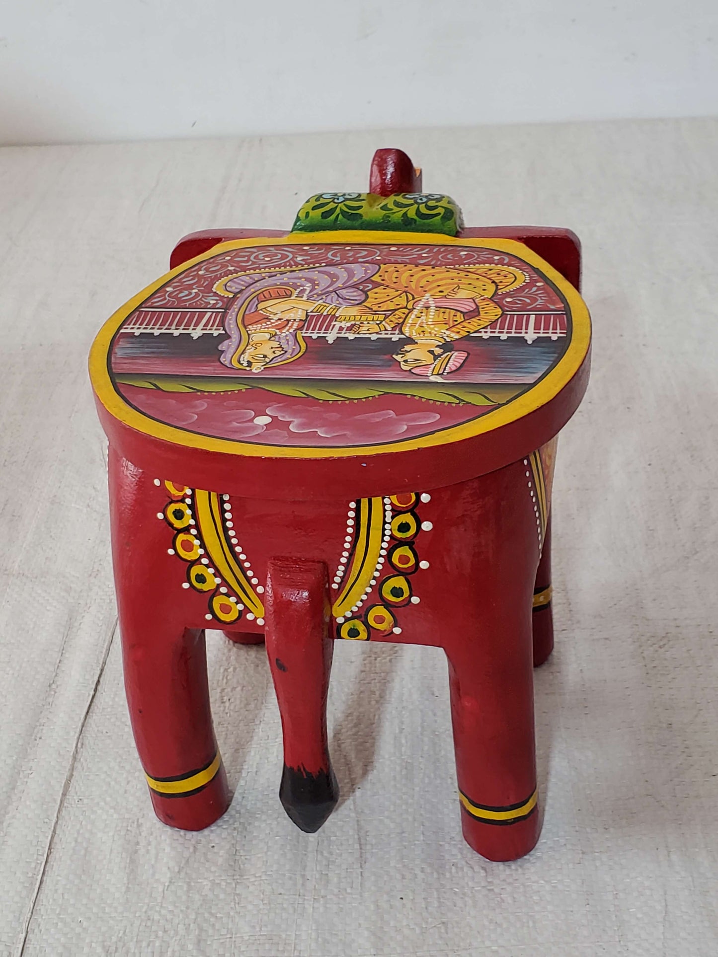 Hand-Painted Vibrant Wooden Elephant Stool