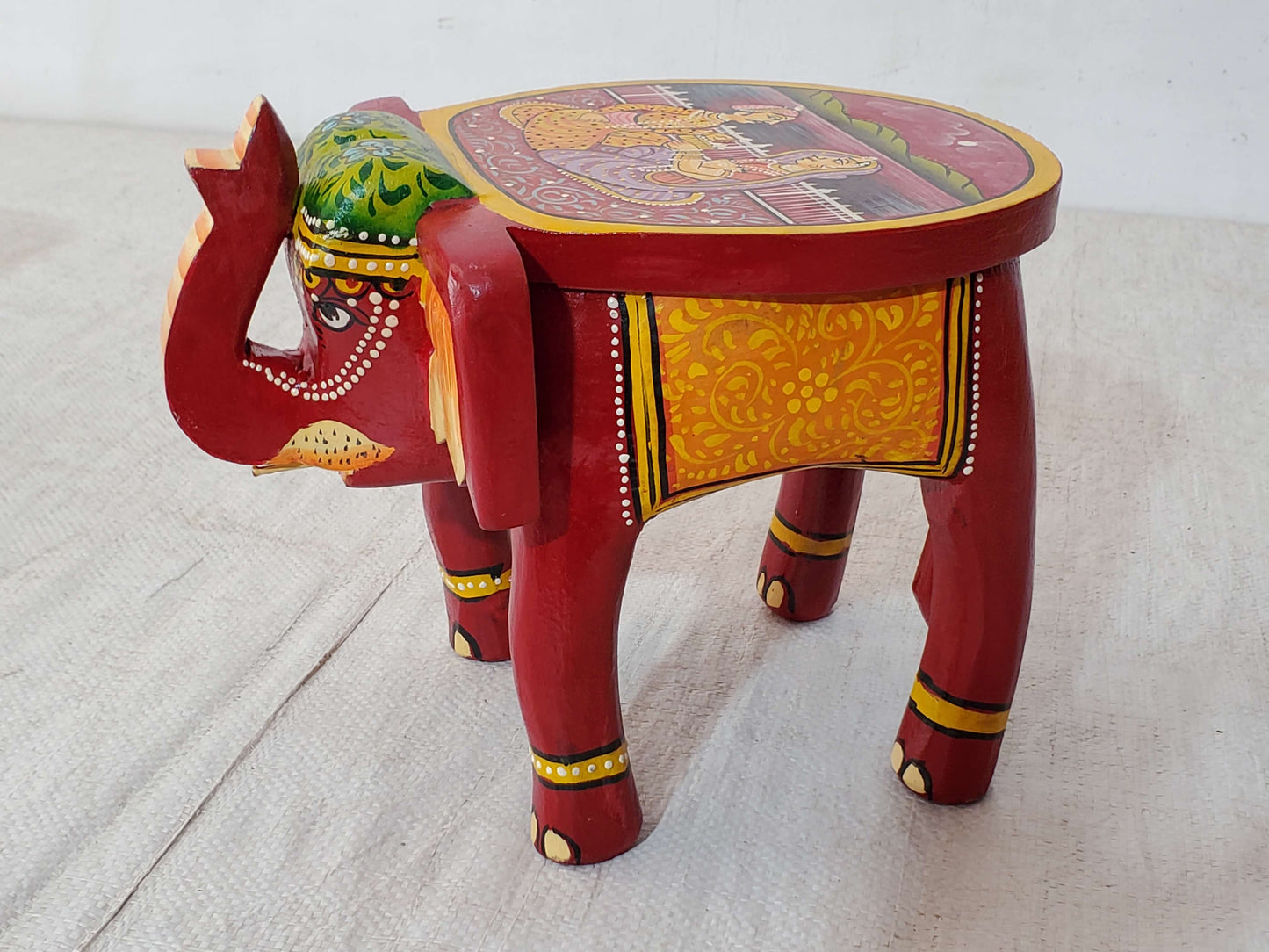 Hand-Painted Vibrant Wooden Elephant Stool