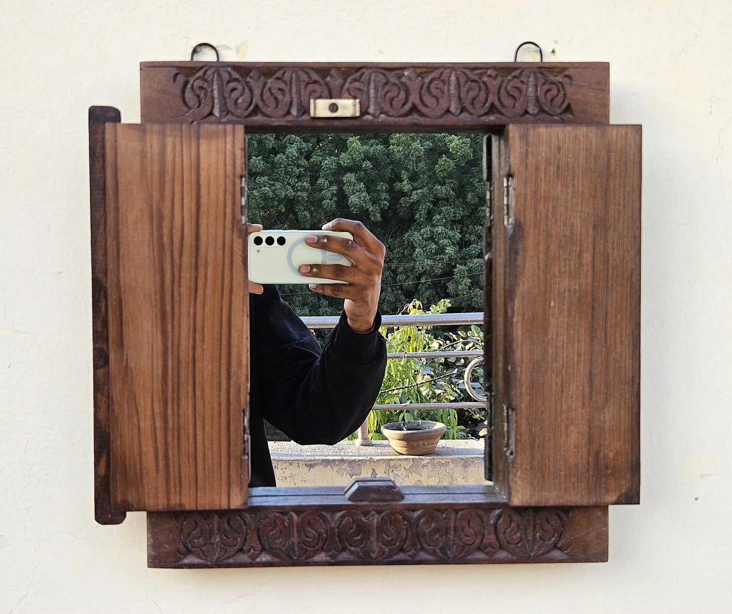 Herringbone Rustic Teak Wooden Window Framed
