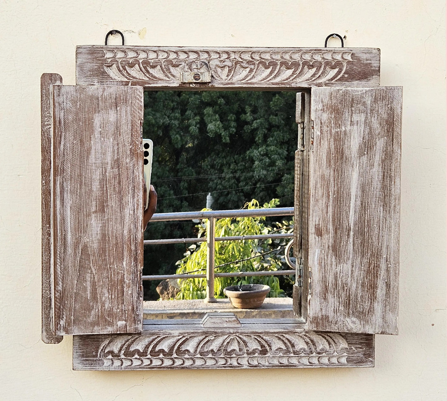 Herringbone Rustic Teak Wooden Window Framed