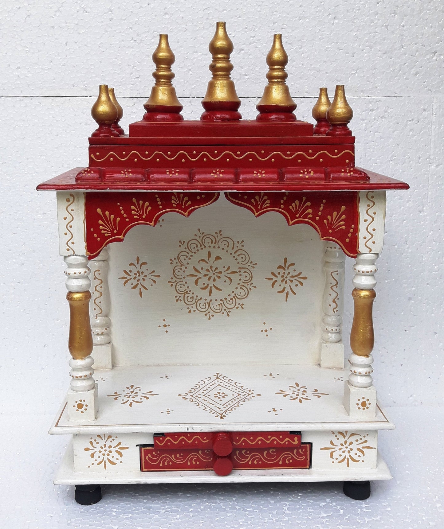 Wooden Mandir Temple In Wine Red and White Colour!