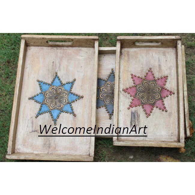 Handmade Wooden Serving Tray Unique Model 1 ( Set Of 3 )