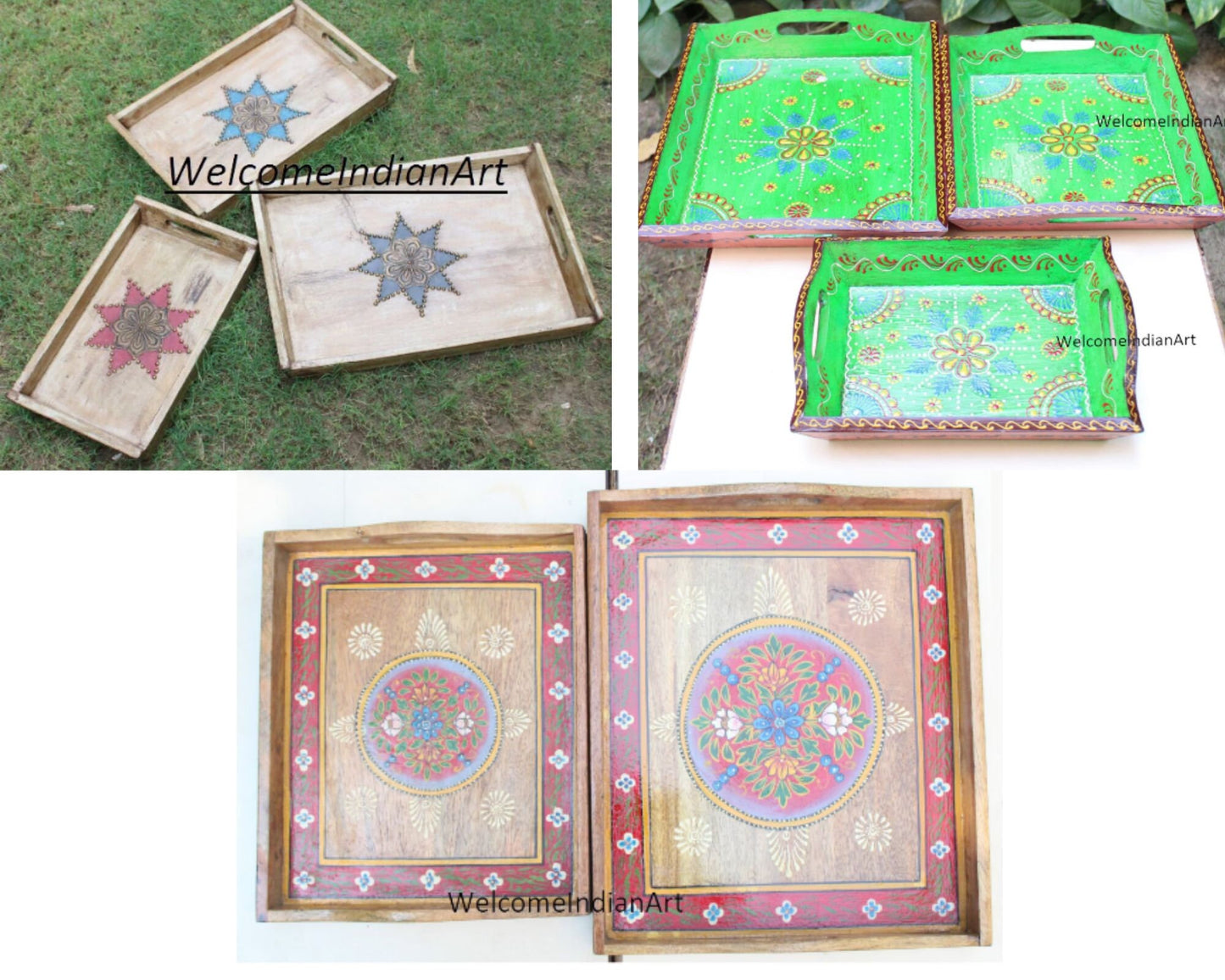 Handmade Wooden Serving Tray Unique Model 1 ( Set Of 3 )