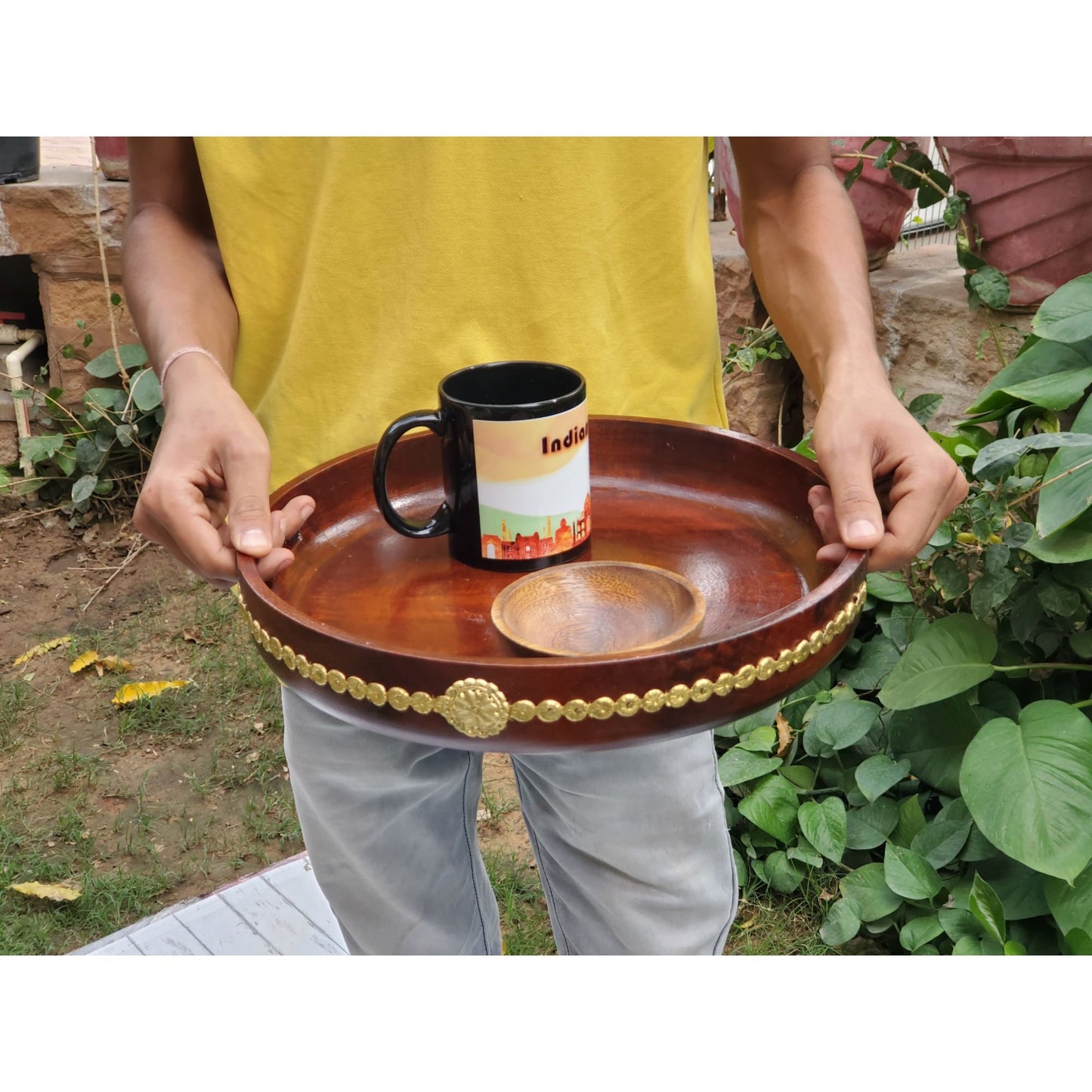 Wooden Service Tray, Handmade Round Eco-Friendly