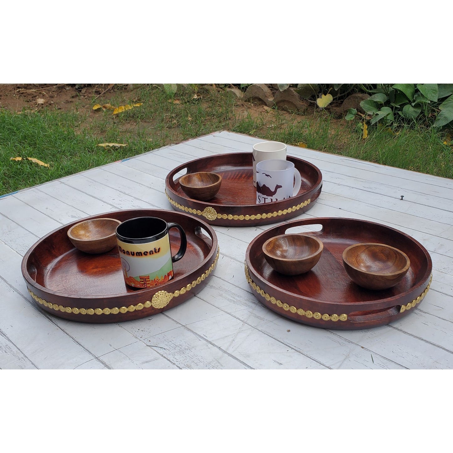 Wooden Service Tray, Handmade Round Eco-Friendly