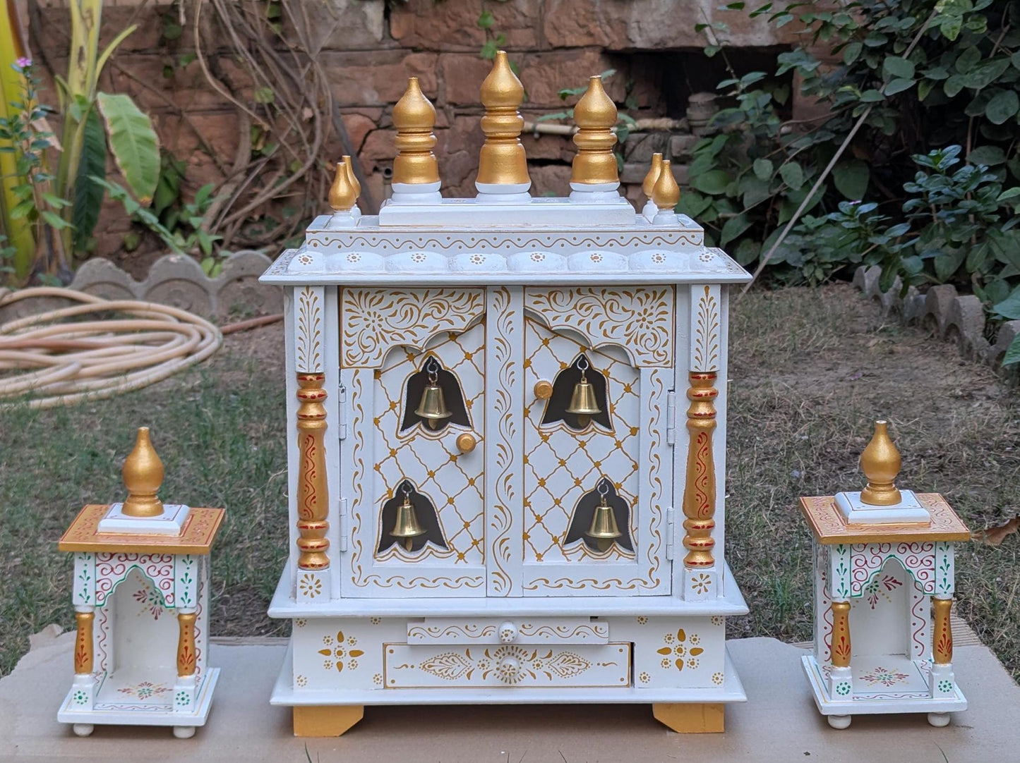 White & Gold Wooden Temple with Bells.
