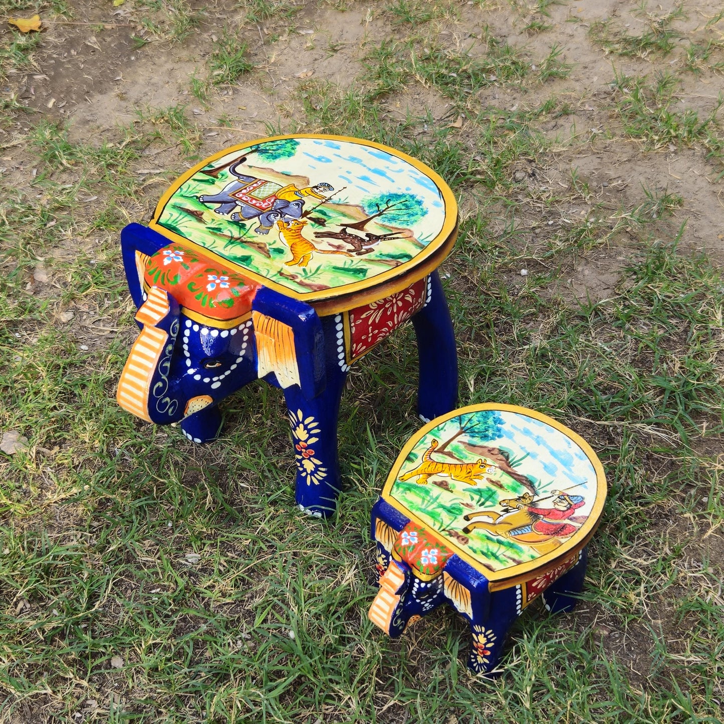 Wooden Elephant Stool Hand Painted Wood