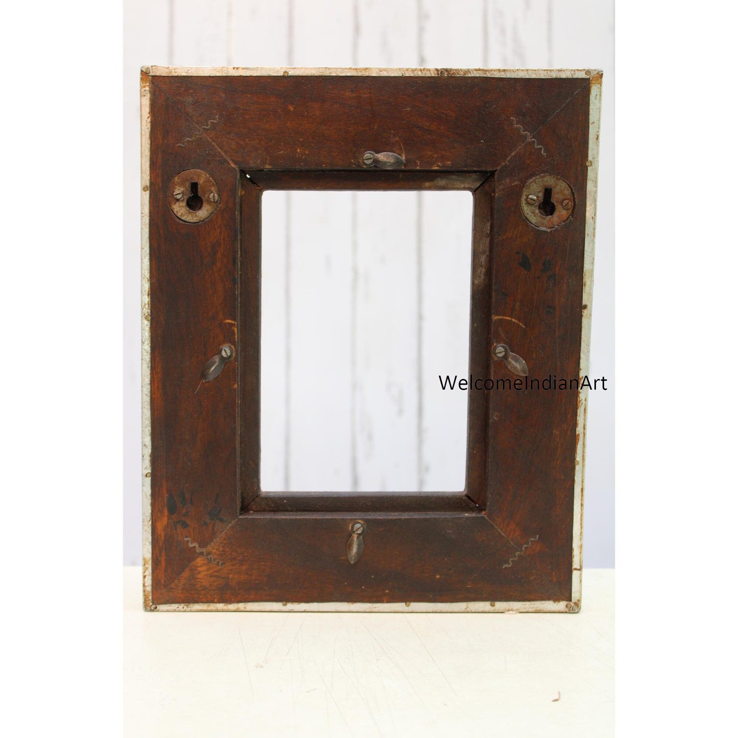 Bilderrahmen aus Holz, Wanddekoration für Zuhause, rustikale Vintage-Rahmen, Fotorahmen, Jharokha aus Holz und Metall, Bilderdekoration aus Holz