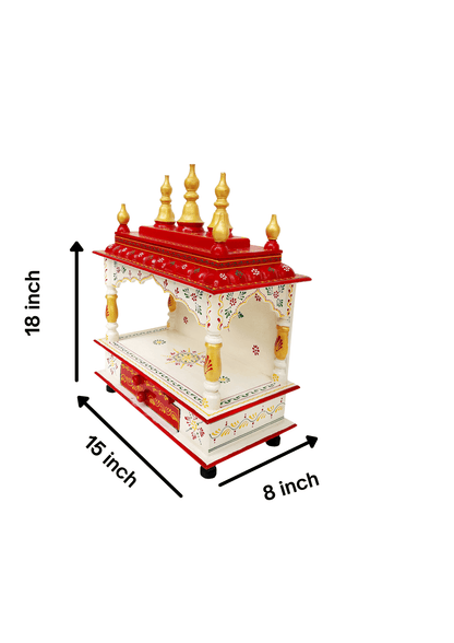 Wooden Pooja Mandir with 2 Trays- Red & Gold Altar
