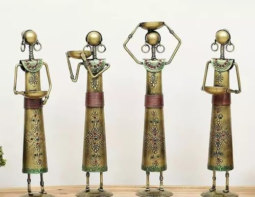 Iron T light Candle Holder Set of 4 Tribal Lady showpieces Ladies Doll Figurine Statue Decorative Items Show Pieces for Home Decor Stylish Living Room