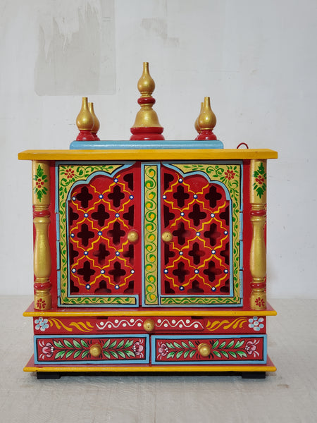 Handcrafted Red Wooden Temple with Drawers