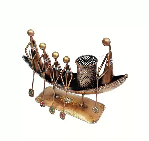 Metal Home Decor Long Kerala Boat Showpiece Multicolour Pen Stand Flower Pot Table Top Desk Decor