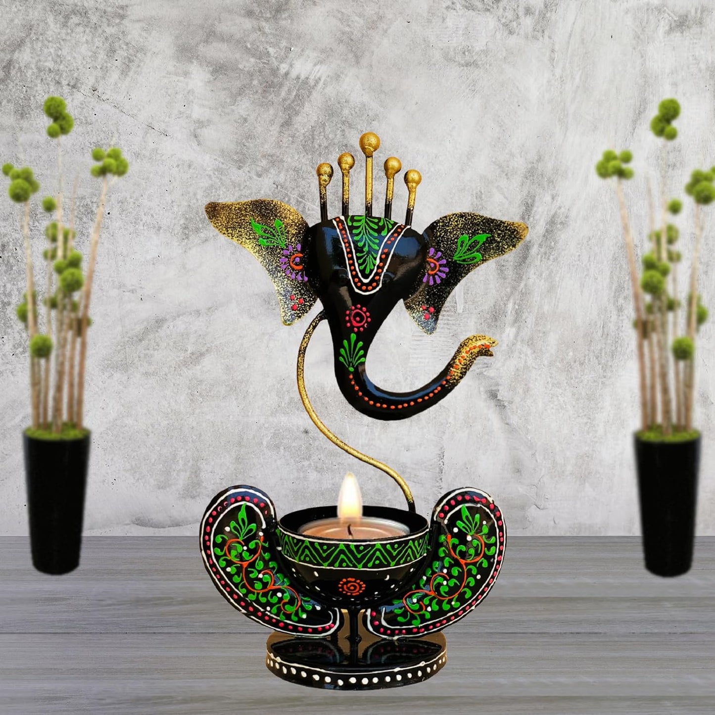 black and red tea light ganesha candle holder for unique decorative showpieces idea and decoration items.