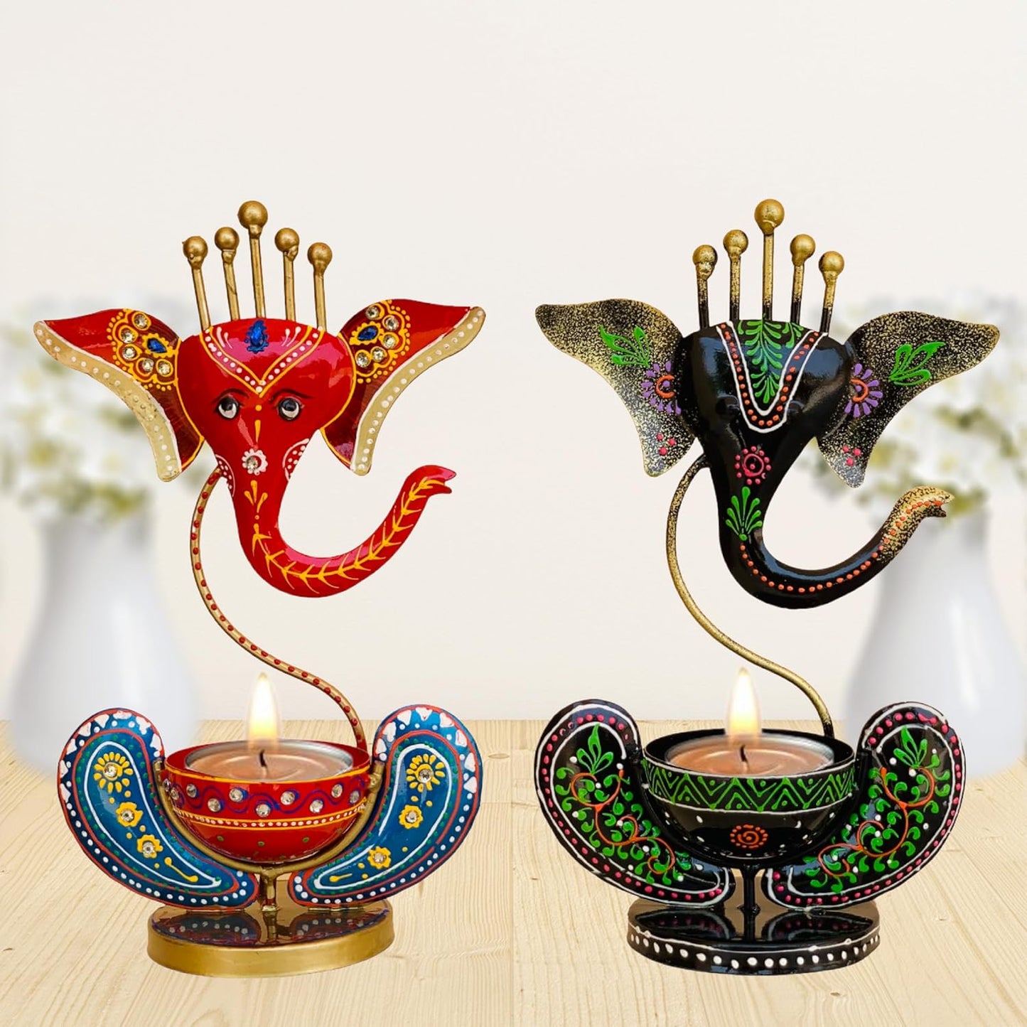 black and red tea light ganesha candle holder for unique decorative showpieces idea and decoration items.