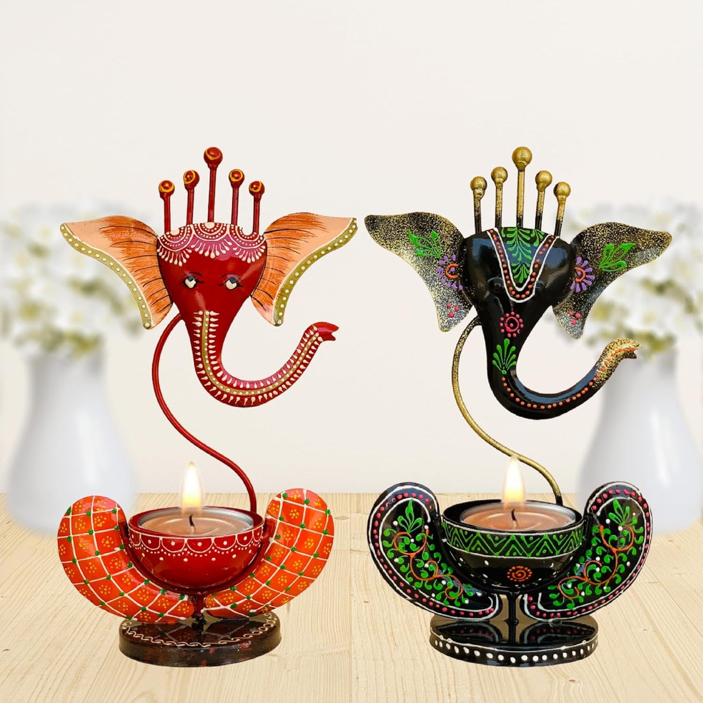 black and red tea light ganesha candle holder for unique decorative showpieces idea and decoration items.