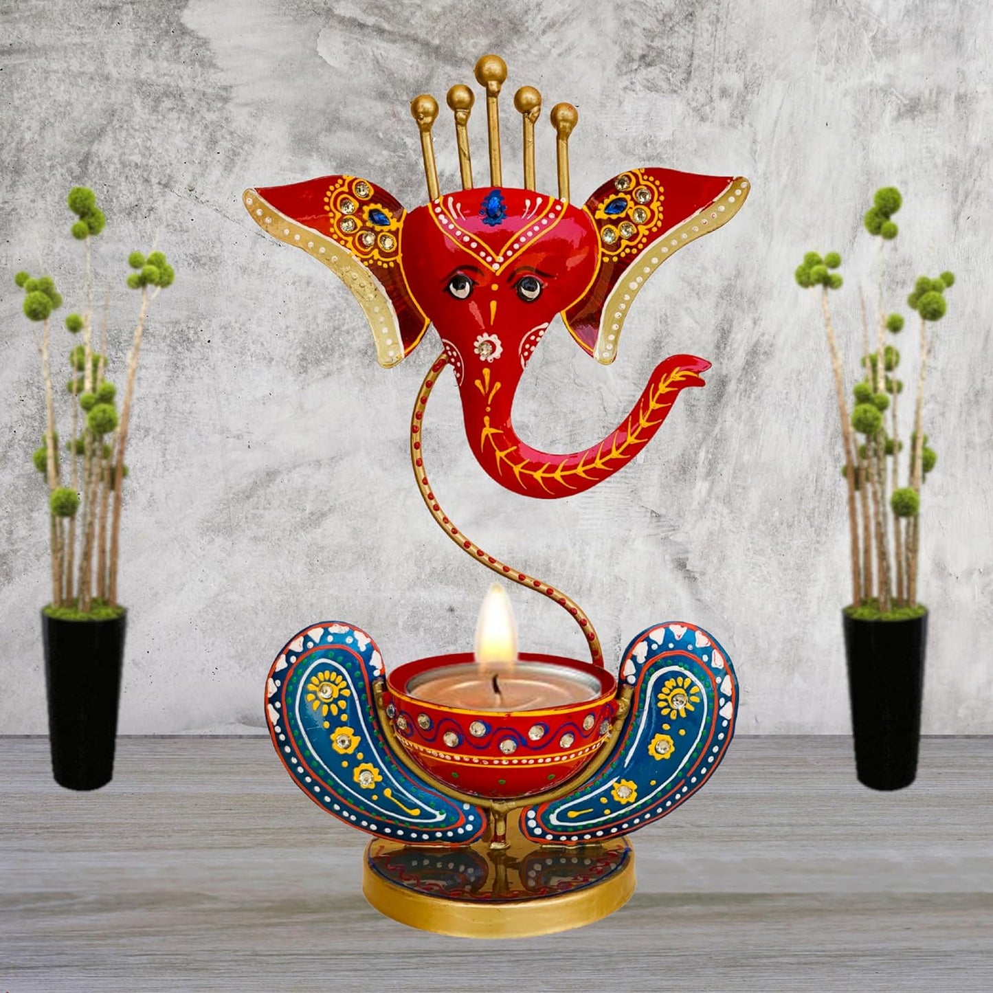 black and red tea light ganesha candle holder for unique decorative showpieces idea and decoration items.