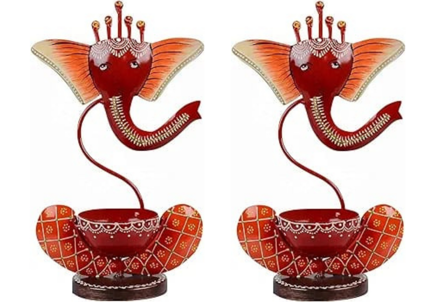 THE D.N.A. GROUP Iron Red Ganesh T-Light Candle Holder Set Of 2, Handpainted Ganesha Stand, Iron Ganesha Home Decor , Corporate Gift , Pooja Room Decor