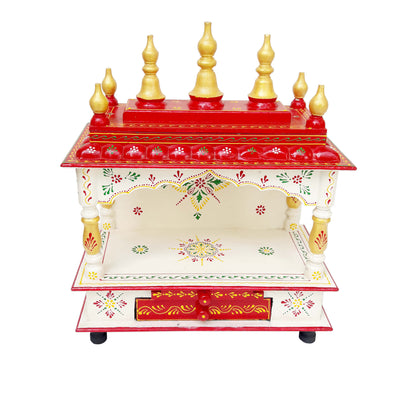 Wooden Pooja Mandir with 2 Trays- Red & Gold Altar