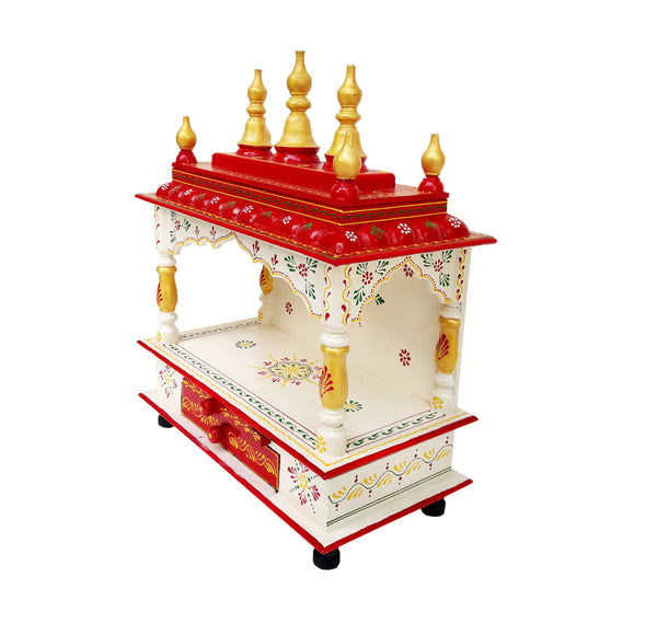 Wooden Pooja Mandir with 2 Trays- Red & Gold Altar