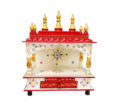 Wooden Pooja Mandir with 2 Trays- Red & Gold Altar
