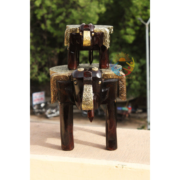 Handmade Wooden Elephant Stool – Brass Fitted Decor