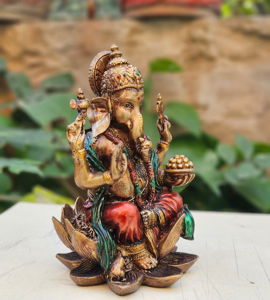 Handcrafted Lord Ganesha Idol for Home Decor | Antique Finish Ganpati Statue on Lotus Base | Decorative Ganesh Murti for Mandir & Gifting
