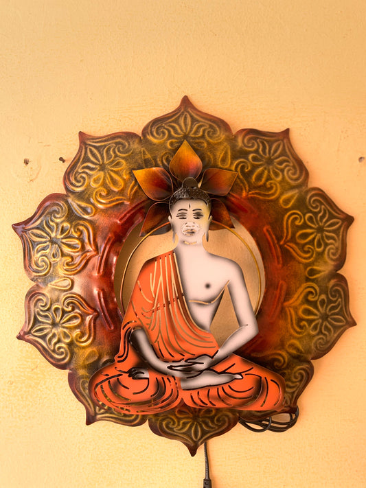 hand painted high quality buddha meditation iron wall hanging panel with LED light and innovative decoration wall hanging show piece.