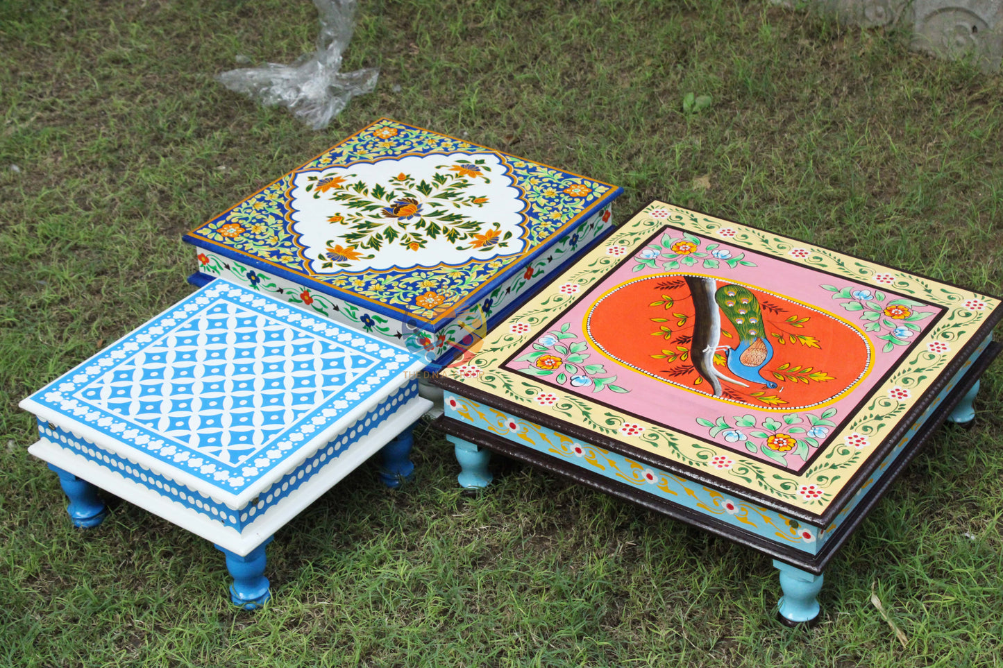 Indian Wooden Hand Painted Chowki / Bajot Set of 3