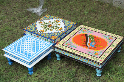 Indian Wooden Hand Painted Chowki / Bajot Set of 3