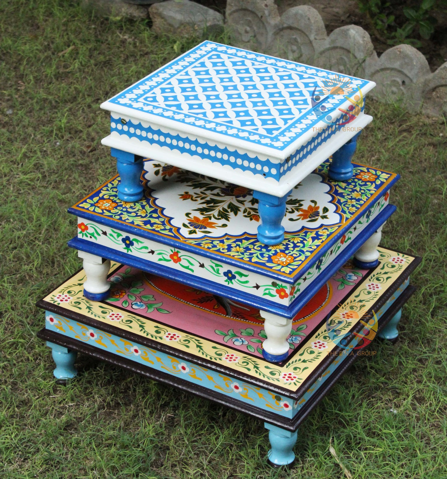 Indian Wooden Hand Painted Chowki / Bajot Set of 3