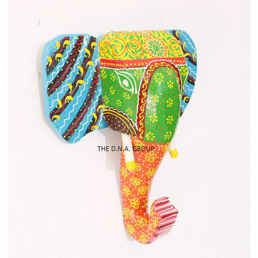 Elegant wooden hand painted elephant head multicolor wall hanging art decor traditional design home and office decorations