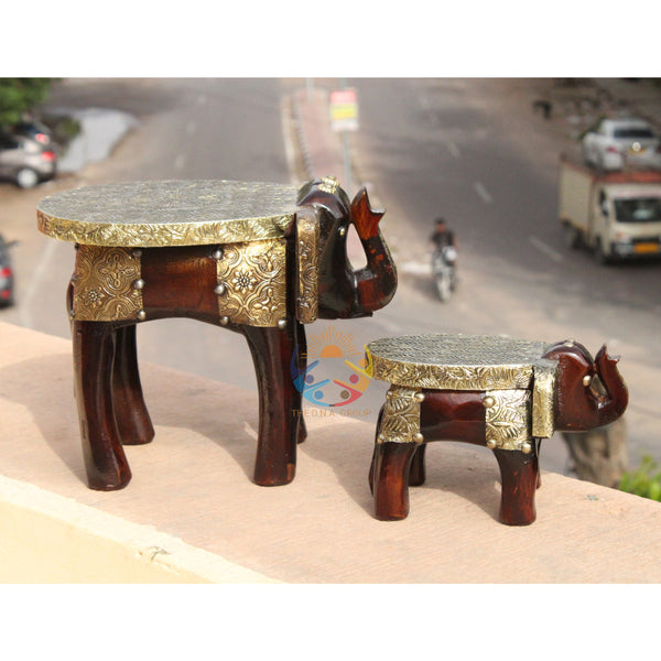 Wooden Elephant Stool with Brass Fitted