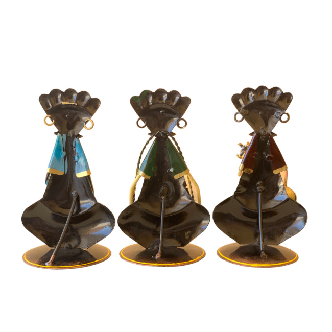 Best selling sitting iron metal musician set of 3 with the rajasthani theme decorative table top showpieces.