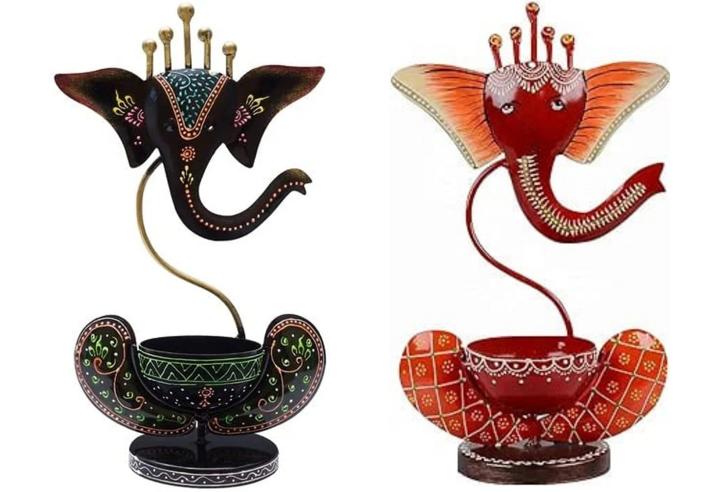 THE D.N.A. GROUP Iron Red Ganesh T-Light Candle Holder Set Of 2, Handpainted Ganesha Stand, Iron Ganesha Home Decor , Corporate Gift , Pooja Room Decor