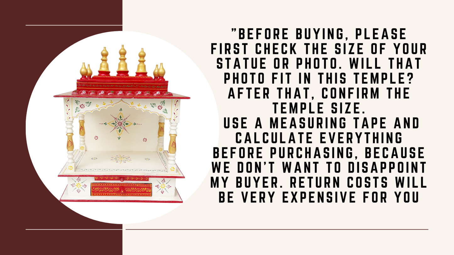 On the left is a red and white Handcrafted Wooden Temple Mandir Puja by INDIAN CRAFTS STORE with gold accents. On the right, text reminds you to measure your statue or photo before buying to ensure it fits in the mandir, highlighting size confirmation.