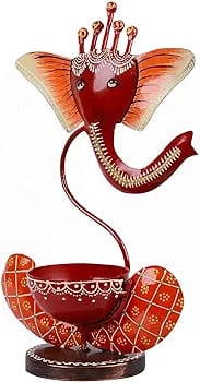 THE D.N.A. GROUP Iron Red Ganesh T-Light Candle Holder Set Of 2, Handpainted Ganesha Stand, Iron Ganesha Home Decor , Corporate Gift , Pooja Room Decor