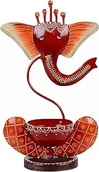 THE D.N.A. GROUP Iron Red Ganesh T-Light Candle Holder Set Of 2, Handpainted Ganesha Stand, Iron Ganesha Home Decor , Corporate Gift , Pooja Room Decor