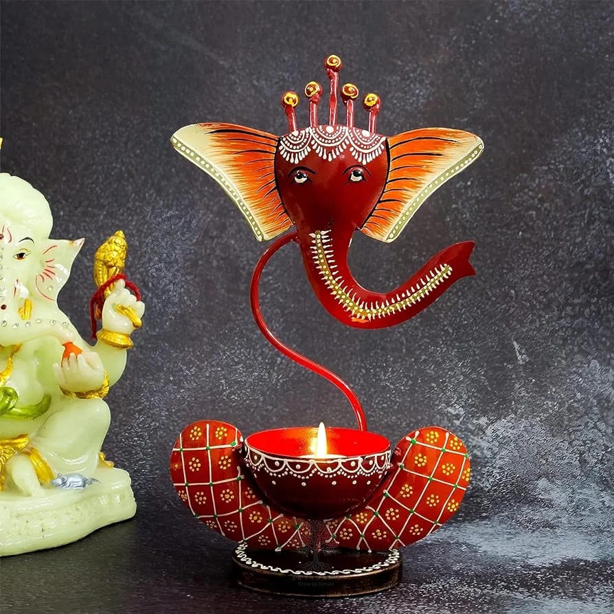 THE D.N.A. GROUP Iron Red Ganesh T-Light Candle Holder Set Of 2, Handpainted Ganesha Stand, Iron Ganesha Home Decor , Corporate Gift , Pooja Room Decor