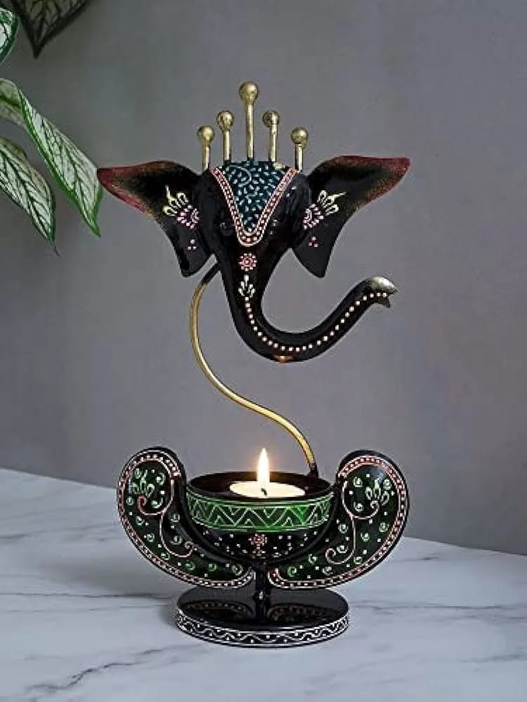 THE D.N.A. GROUP Iron Red Ganesh T-Light Candle Holder Set Of 2, Handpainted Ganesha Stand, Iron Ganesha Home Decor , Corporate Gift , Pooja Room Decor