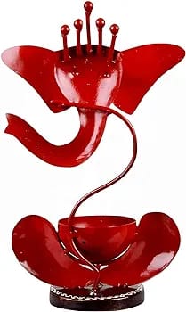 THE D.N.A. GROUP Iron Red Ganesh T-Light Candle Holder Set Of 2, Handpainted Ganesha Stand, Iron Ganesha Home Decor , Corporate Gift , Pooja Room Decor