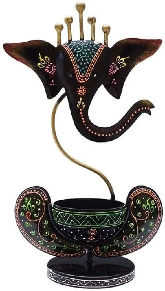 THE D.N.A. GROUP Iron Red Ganesh T-Light Candle Holder Set Of 2, Handpainted Ganesha Stand, Iron Ganesha Home Decor , Corporate Gift , Pooja Room Decor