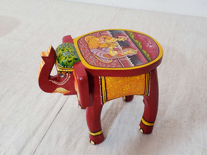 Hand-Painted Vibrant Wooden Elephant Stool