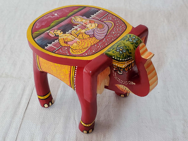 Hand-Painted Vibrant Wooden Elephant Stool