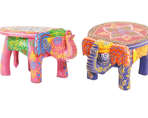 Mini Handmade Wooden Elephant Stool - Set of 2