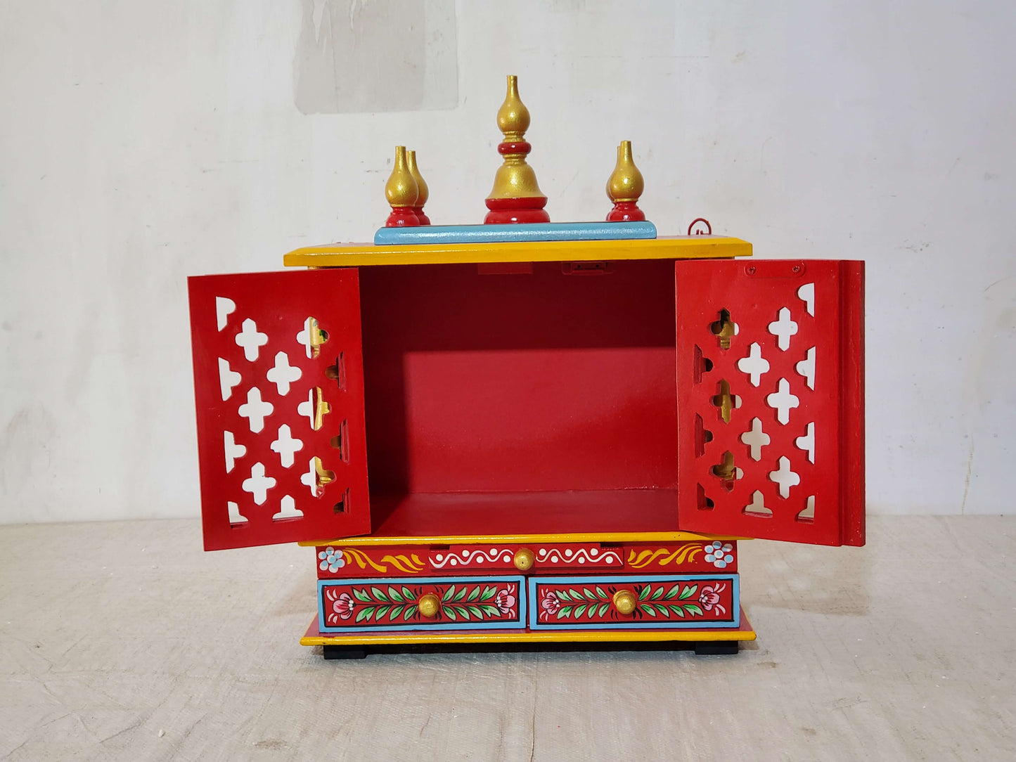 Handcrafted Red Wooden Temple with Drawers