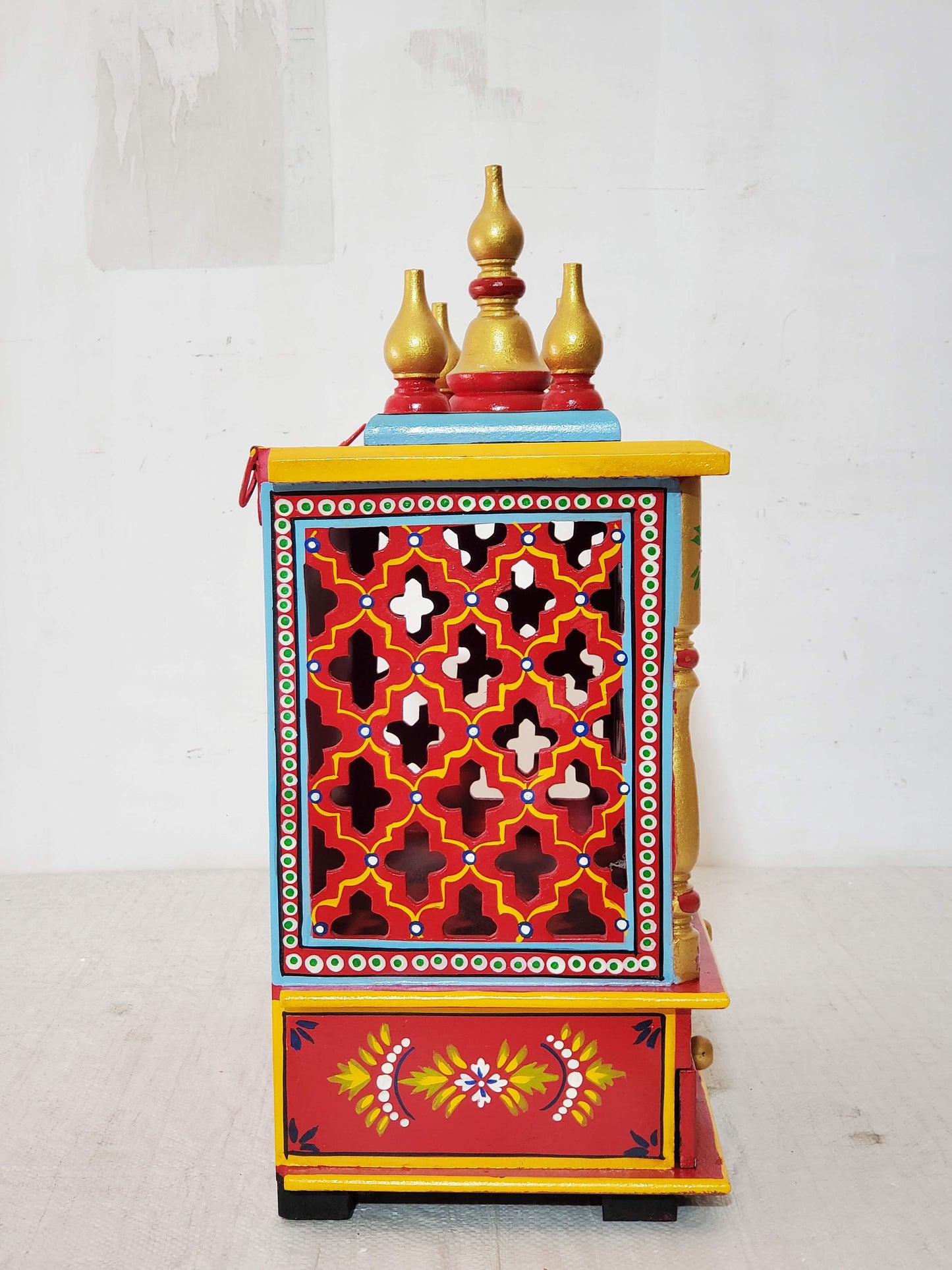 Handcrafted Red Wooden Temple with Drawers