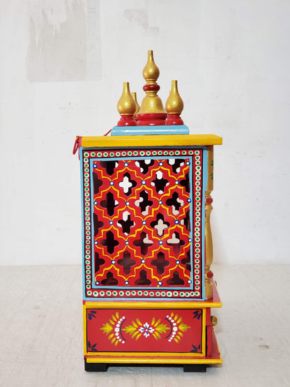 Handcrafted Red Wooden Temple with Drawers